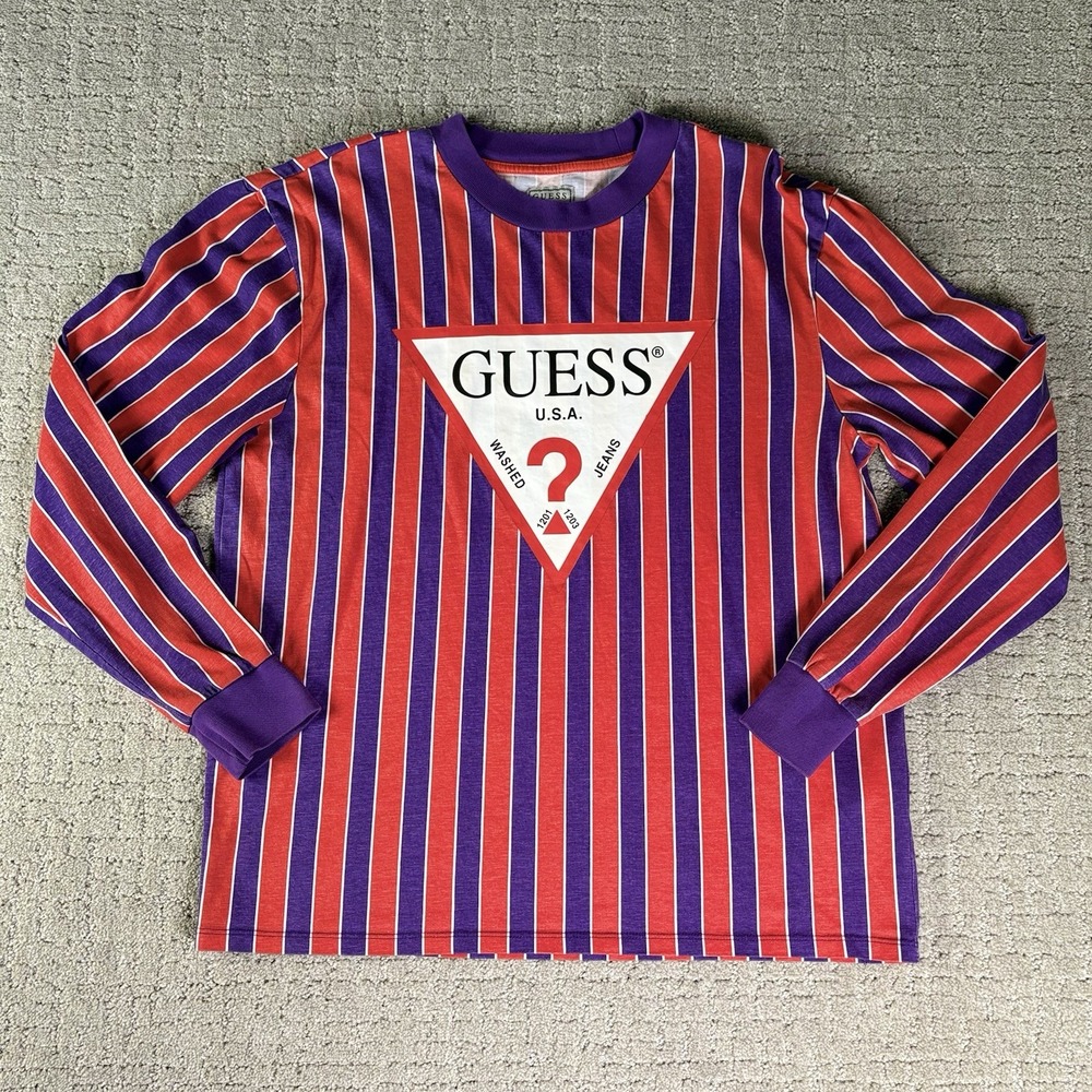 Vintage 80s Guess by George Marciano Red/purple Striped Shirt Size Medium EUC
